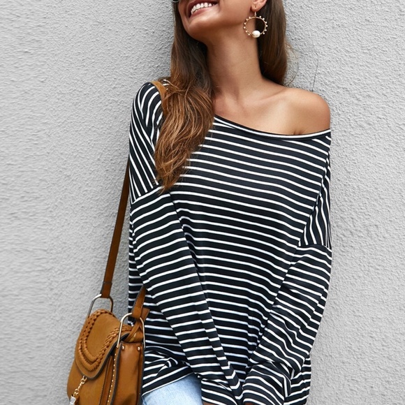boho chic striped off shoulder long sleeve… - Picture 2 of 6